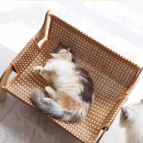 Cutdred 猫 ベッド ハンモック オールシーズン適用 木製フレーム 通気性 快適 天然素材 涼しい 通気性 屋内&屋外 猫用 犬用ハウス お手入れ簡単 ペット休憩所 遊び場 四季通用 猫用ラタン編みクールソファ (サマーマット)