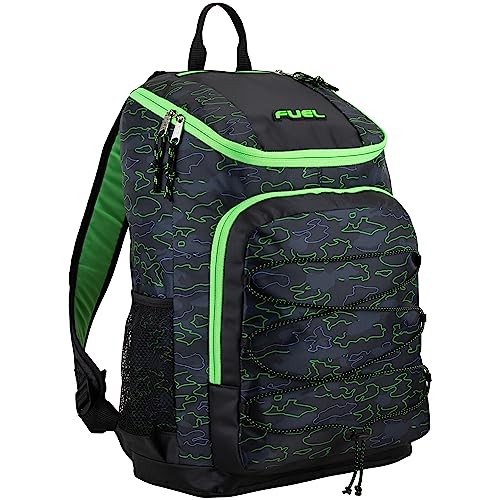 FUEL Wide Mouth Sports Luggage Backpack with Front Bungee and Inner Tech Pocket, Green Outline Camo