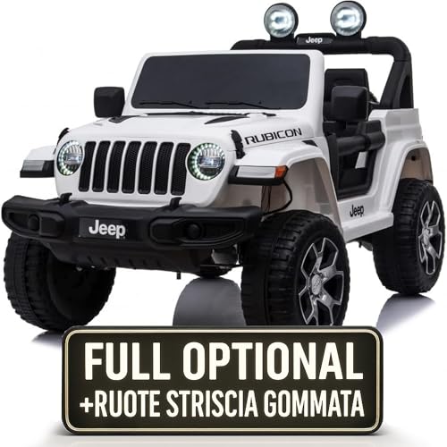 Macchina Elettrica Per Bambini Jeep Wrangler Rubicon Full Optional Auto Elettrica Per Bambini Telecomandata 2 posti Sedile In Pelle Porte Apribili Doppio Motore Elettrico 12V TOYSCAR bianca