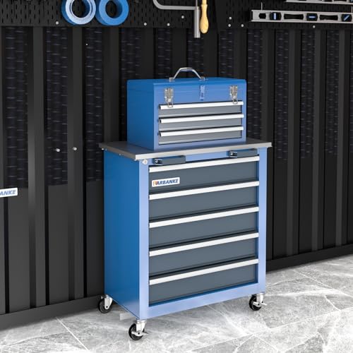 Image of LARBANKE Metal Tool Box,3 Drawer Tool Box with Top Storage Tray, Portable Tool Chest with Locking System and Drawer Liner, Hand Carrying Tool Chest for Garage,Home or Workbench