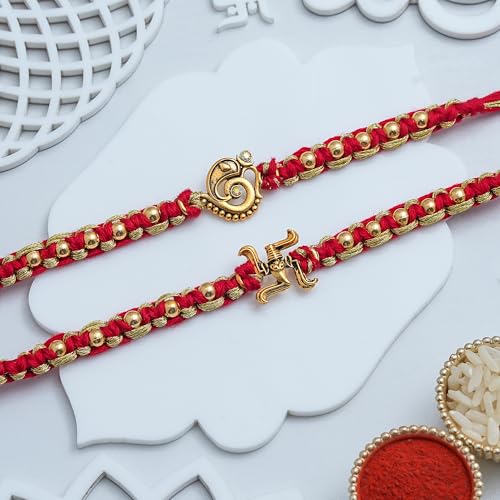 Image of eCraftIndia Om Lord Ganesha Swastika Rakhi Set of 2 | Rakhi for Brother Bhaiya Bhai with Best Bro Ever Fridge Magnet | Roli Chawal Pack