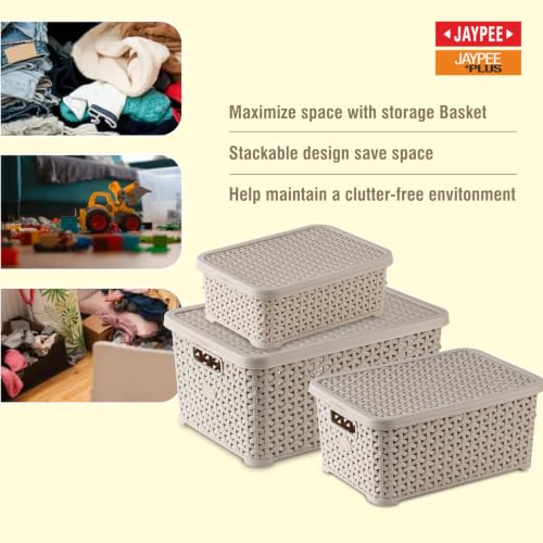 Image of Jaypee Plus Keep all 3 Plastic Storage Basket Organizers With Lid For Kitchen,Fridge, Office Wardrobe, Stationery, Household, Toys & Multipurpose use Pack of 3 Durable Box, Beige