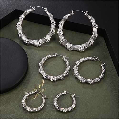 3Pairs Punk Bamboo Big Hoop Earrings for Women Exaggerated Rock 14K Gold Silver Plated Polished Round Circle Geometric Loop Earrings Hip Hop Statement Jewelry Gift2