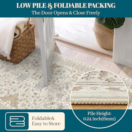 Madane Runner Rug 2x8, Washable Hallway Runner Rugs, Non-Slip Low-Pile Soft Kitchen Rug Runner Laundry Room Rug, Vintage Throw Entry Foyer Mat for Entrance Living Room (Beige/Blue, 2 x 8)