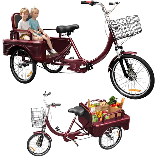 Adult Tricycle, 20 Inch 3-Wheel Bikes Carrying Passengers and Cargo, Low Step-Through Cruiser Bike...