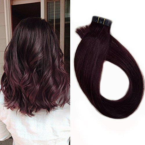 Tape in Hair Extensions Real Human Hair Pieces 16 Inch Wine Red Straight Skin Weft Remy Hair Extensions for Women, 99j