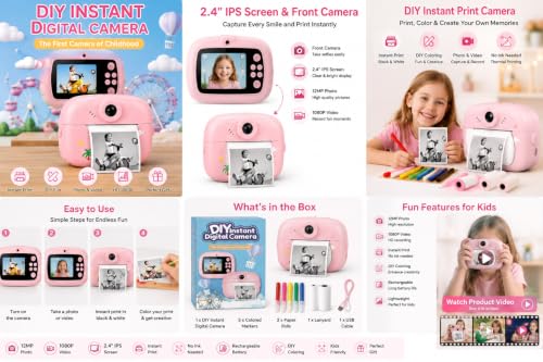Image of Kids Instant Print Camera - Portable Digital HD Photo & Video Camera for Kids, Built-in Games, Educational Learning Toy for Boys & Girls, Includes 2 Print Rolls, for Birthdays