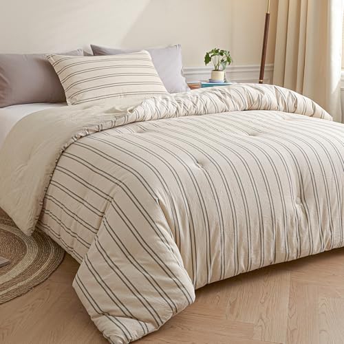 Image of Cyusri Cotton Stripe Full Comforter Set - Soft Lightweight Bedding 3 Pieces Dyed Bed Set with 2 Pillow Shams,Reversible All Season Farmhouse Down Alternative(Full Size 80 inchx90 inch Beige)