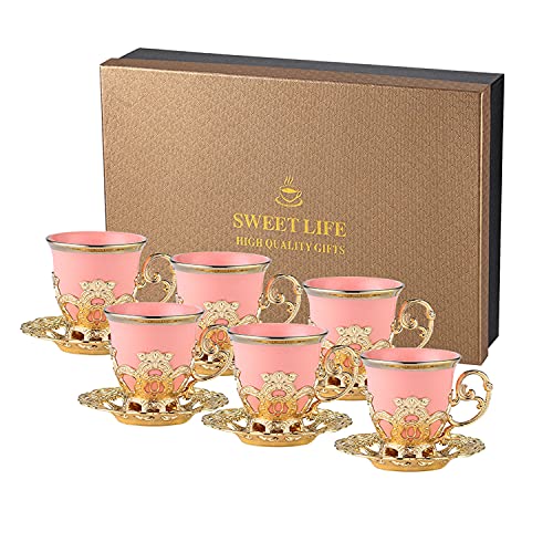 TGTAKDS Turkish Tea Cup Set of 6 Espresso Turkish Coffee Cups with Metal Holders and Saucers Tea Cups And Saucers 2.8 Ounces Turkish Coffee Cup Set for Women (PINK-GOLDEN)