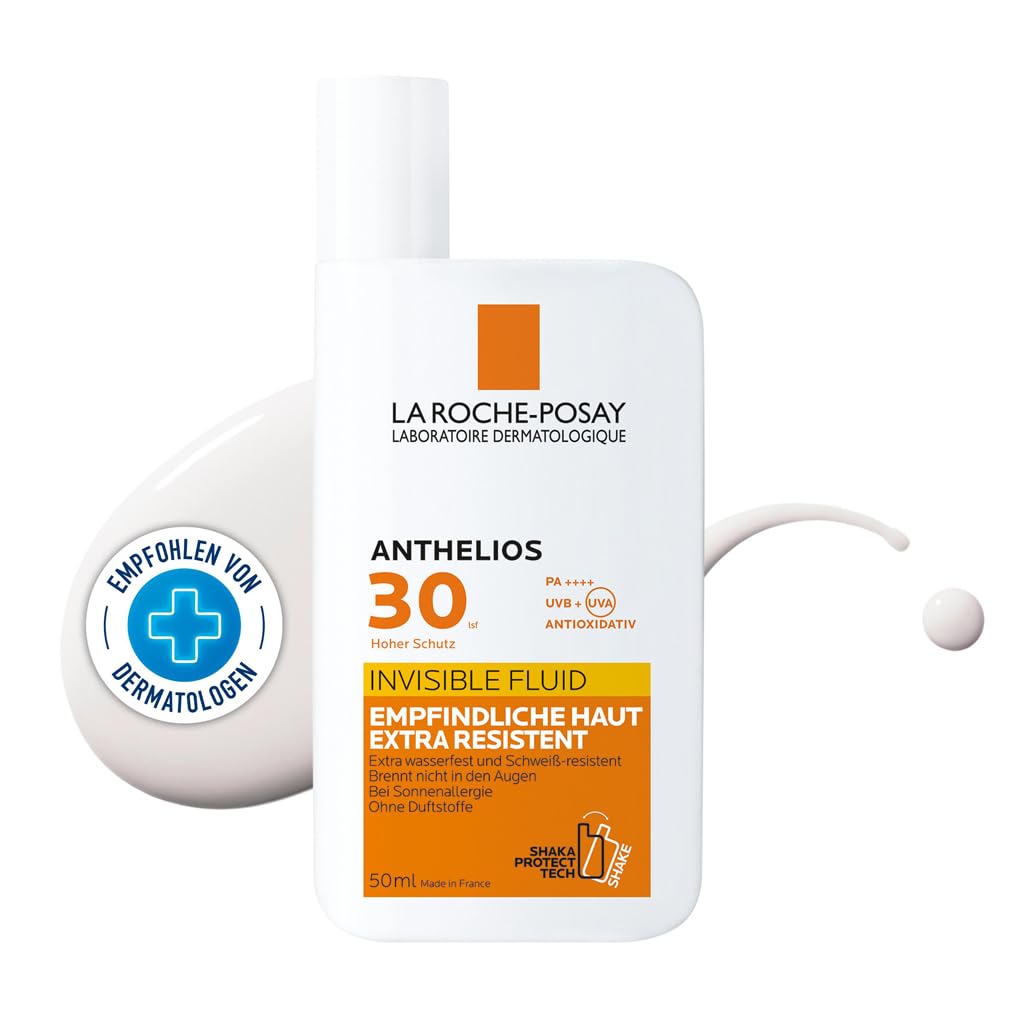 La Roche-Posay Anthelios Invisible Fluid mit LSF 30, Sonnenschutz für empfindliche Haut, Wasserfest, schweißresistent und sandabweisend, Ohne korallenschädigendes Oxybenzon und Octinoxat, 50 g