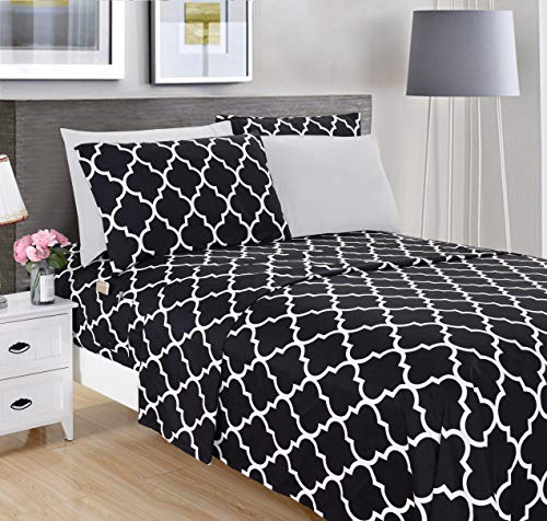 Elegant Comfort Luxury Soft Bed Sheets Quatrefoil Pattern - 1500 Premium Hotel Quality Microfiber Softness Wrinkle and Fade Resistant (4-Piece) Bedding Set, Twin/Twin XL, Black