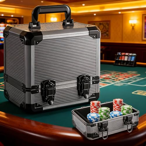 WinnerWhy 1000pcs Poker Chip Case Carrier 10 x 10 x 7 Inches Aluminum Poker Chip Storage Box