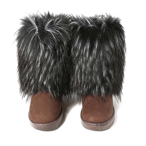 yamerbo Faux Fur Boots for Women, Fuzzy Flurry Furry Leg Warm Boots, Winter Mid-Calf Snow Shoes, Round Toe Suede Winter Warm Flat Short Boots for Outdoors