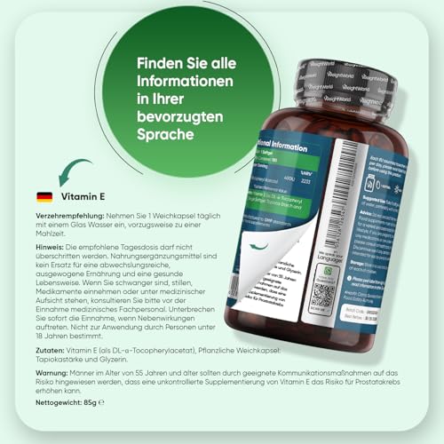 Vitamin E Weichkapseln 400IE - 180 vegane Softgels - Vit E Öl DL Alpha Tocopherylacetat - 6 Monate Vorrat - Vitamin E trägt zum Schutz der Zellen vor oxidativem Stress bei (EFSA) - WeightWorld