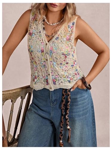 Women's Plus Size Hollow Out Crochet Sweater Vest Button Down Sleeveless V Neck Knit Tank Tops4