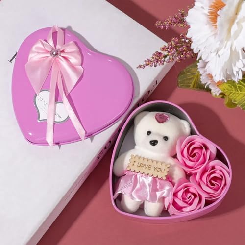 Ascension Pink Heart Shaped Gift Box with Teddy and Roses Gift for Valentine Day Birthday Anniversary Pink Rose Flower Gifts for Women Love Teddy Day Rose Day Gift for Boyfriend Girlfriend