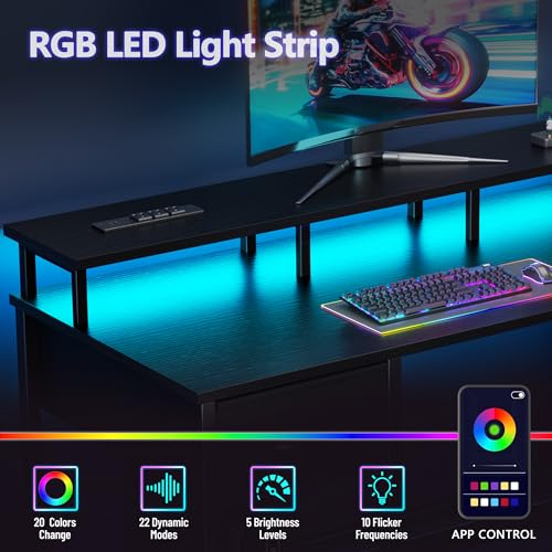 Image of Korfile 55 Inch Computer Gaming Desk with Power Outlets LED Lights Reversible Home Office with Adjustable Fabric Storage Drawers for Working Writing Study, Black