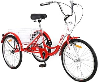 MEGHNA KNUS Unisex Adult Single Speed Tricycle 24 inch High Three Wheel Cruiser Bike 24-Inch Trike Wheels Large Basket for Women Men Seniors,Red