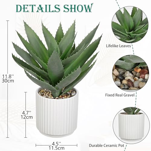 Hollyone Large Artificial Agave Plants 11.8“ Fake Succulents Potted Faux Aloe Vera Plant in White Pot Succulent Agave Plants for Desk Modern Office Living Room Table Shelf Home Indoor Outdoor Decor - Image 3