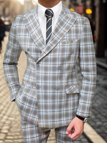 Mens Plaid 2 Piece Suits Slim Fit Double Breasted Plaid Suit ， Wedding Casual Homecoming Tuxedo Jacket Pants Set4