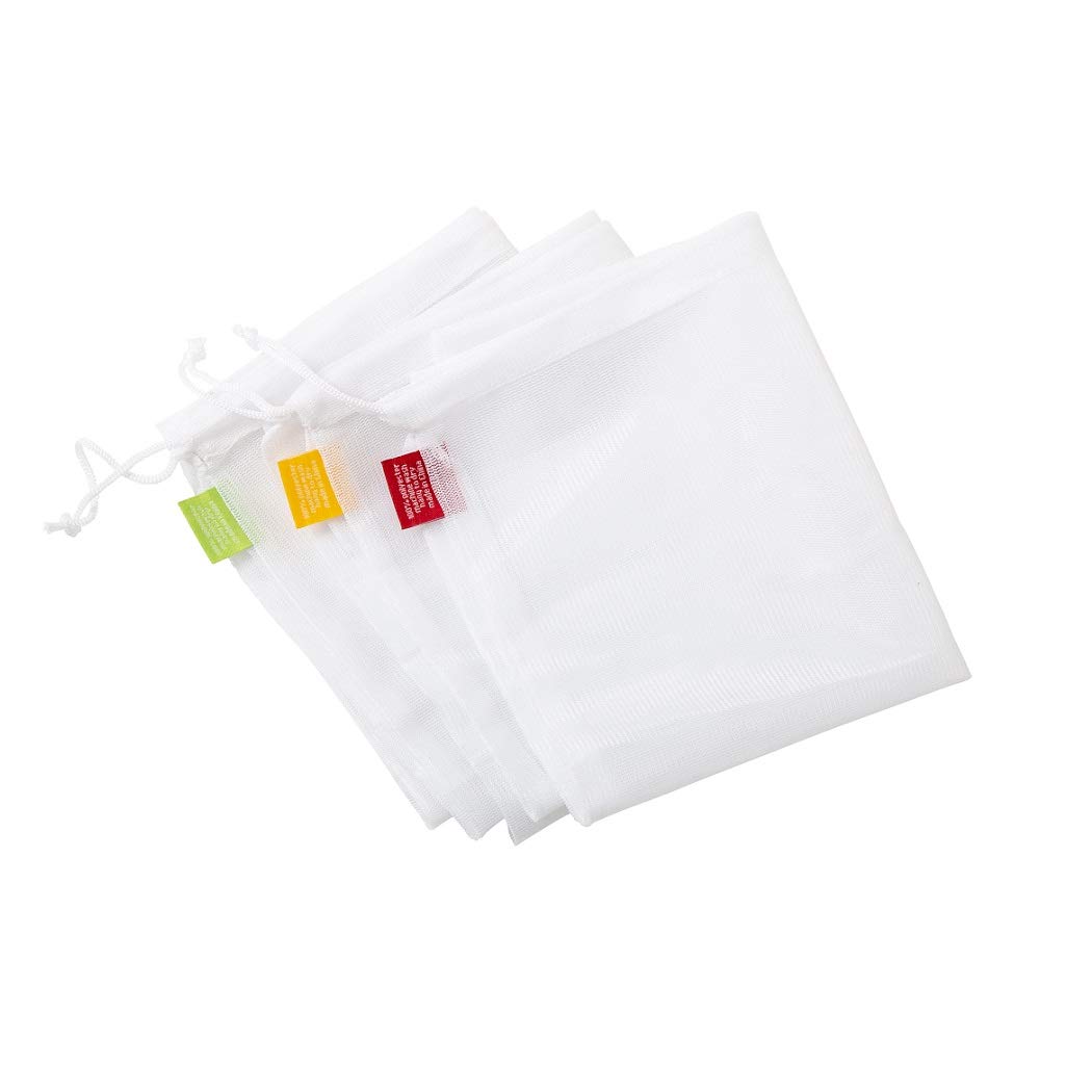 Addis 518513 Reusable Shopping Storage Net Drawstring Bags for Loose Vegetables Veg Produce and Fruit, Set of 3 with Colour Coded Labels, 30 x 35 cm, White