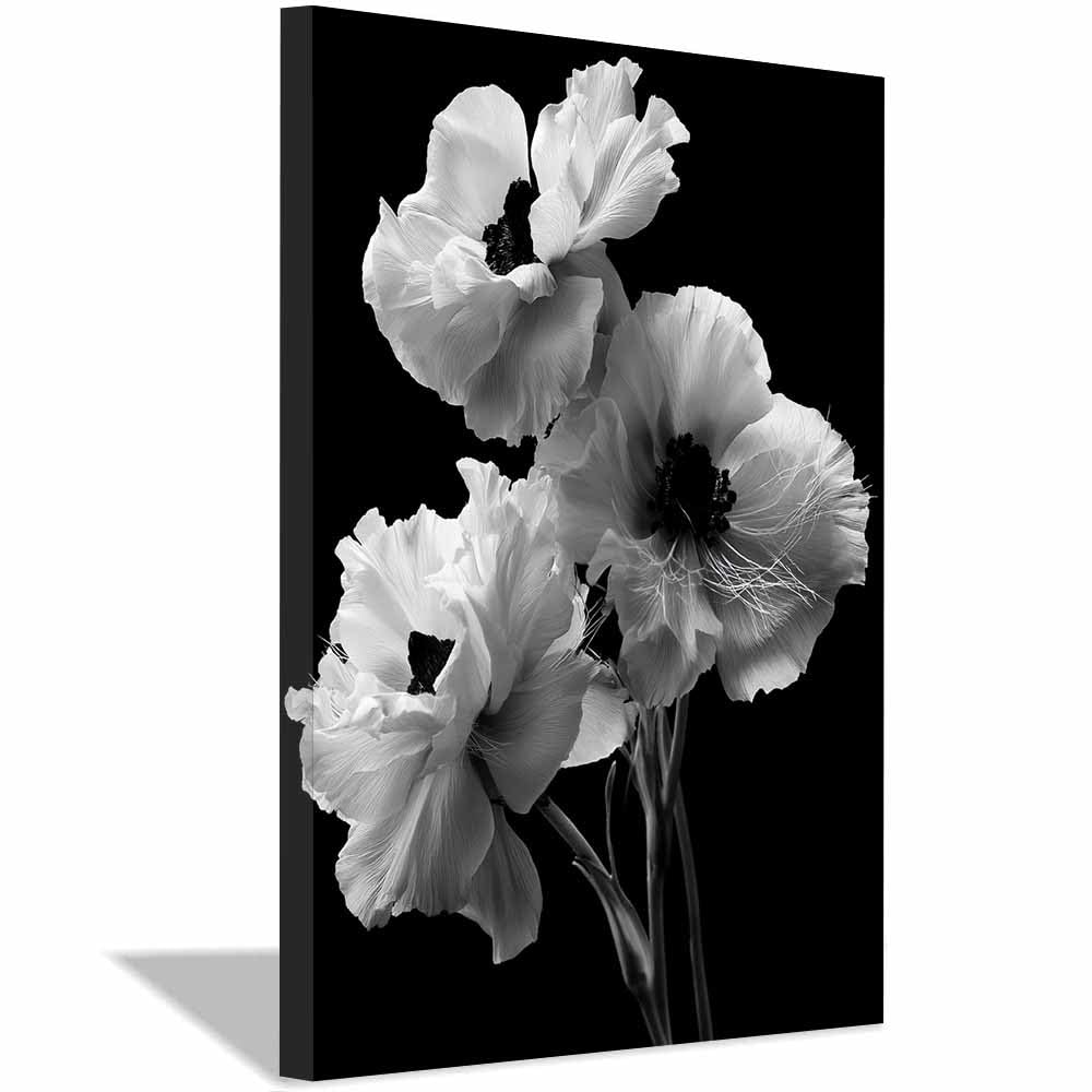 HOQIU Black And White Pictures Black Background Whites Poppies canvas wall art, decorative paintings, for Bedroom Living Room Bathroom Office Home Decoration(Multicolor)-60x80cm Framed