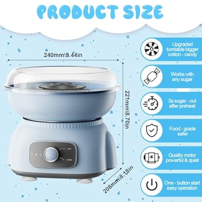 NAVESO Zuckerwattemaschine, Zuckerwattemaschinen, 500W Cotton Candy Machine, Zuckerwatte Maschine mit Messlöffel und 10 Zuckerwatte Stäbe, Zuckerwattegerät für Geburtstag (Hellblau) – Bild 3