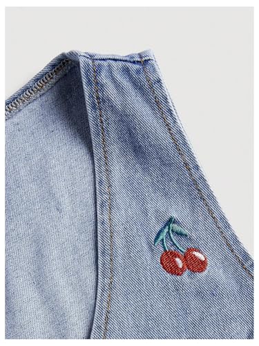 MakeMeChic Women's Denim Vest Cherry Cropped Button Down Jean Vest Sleeveless Tank Top4