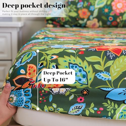 Bedlifes King Sheet Set Ultra Soft, Breathable, Silky Flower Deep Pocket 100% Microfiber Bedding, 4 Piece King Size with Floral Dark Green