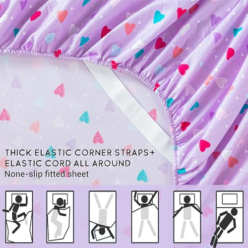 Viviland Kids Full Sheet Set - Girls Purple Full Sheet Set - Kids Toddlers Full Microfiber Fitted Sheets And Pillowcase - Colorful Hearts Printed thumb #3