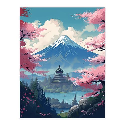 Artery8 Japanese Temple on Mount Fuji Lake Painting Green Blue Pink Cherry...