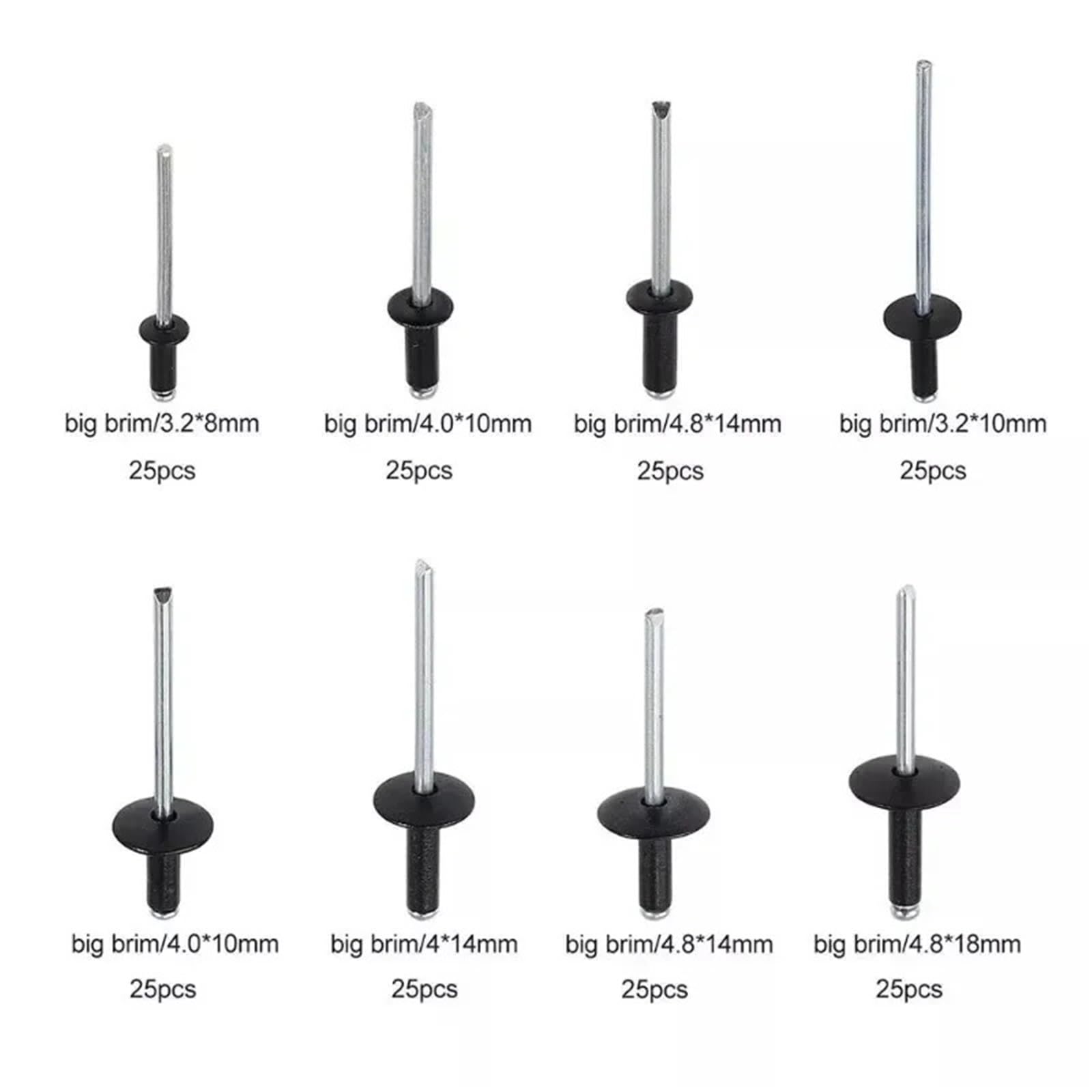 Rivet Lot de 200 rivets aveugles en aluminium noir à tête de champignon pour décoration de meubles 8-18 mm