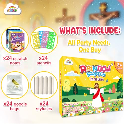 ZMLM Rainbow Scratch Party Favors Kids: Birthday Gifts Toy Bulk Scratch Art Notebook Birthday Goodie Bags Stuffers Girls Boys Art Craft Kit Pads Classroom Prizes School Teacher Return (Christian, 24) - Image 7