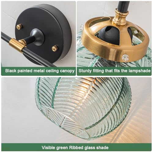 Image of Mid Century Vanity Light Black Bathroom Wall Light Fixtures Green Glass Wall Sconce lamp Ribbed Glass Shade Modern Art Deco Vanity Lights for Over Mirror Bedroom Hallway 2 Lights