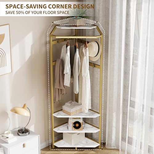 GarveeHome Corner Coat Rack with Shoe Bench Entryway, Corner Hall Tree with 6 Double Hooks, Clothes Rack with Storage Hall Tree with Organizer Shoe Bench Shelf (Gold 02, 20 * 20 * 71 inch)