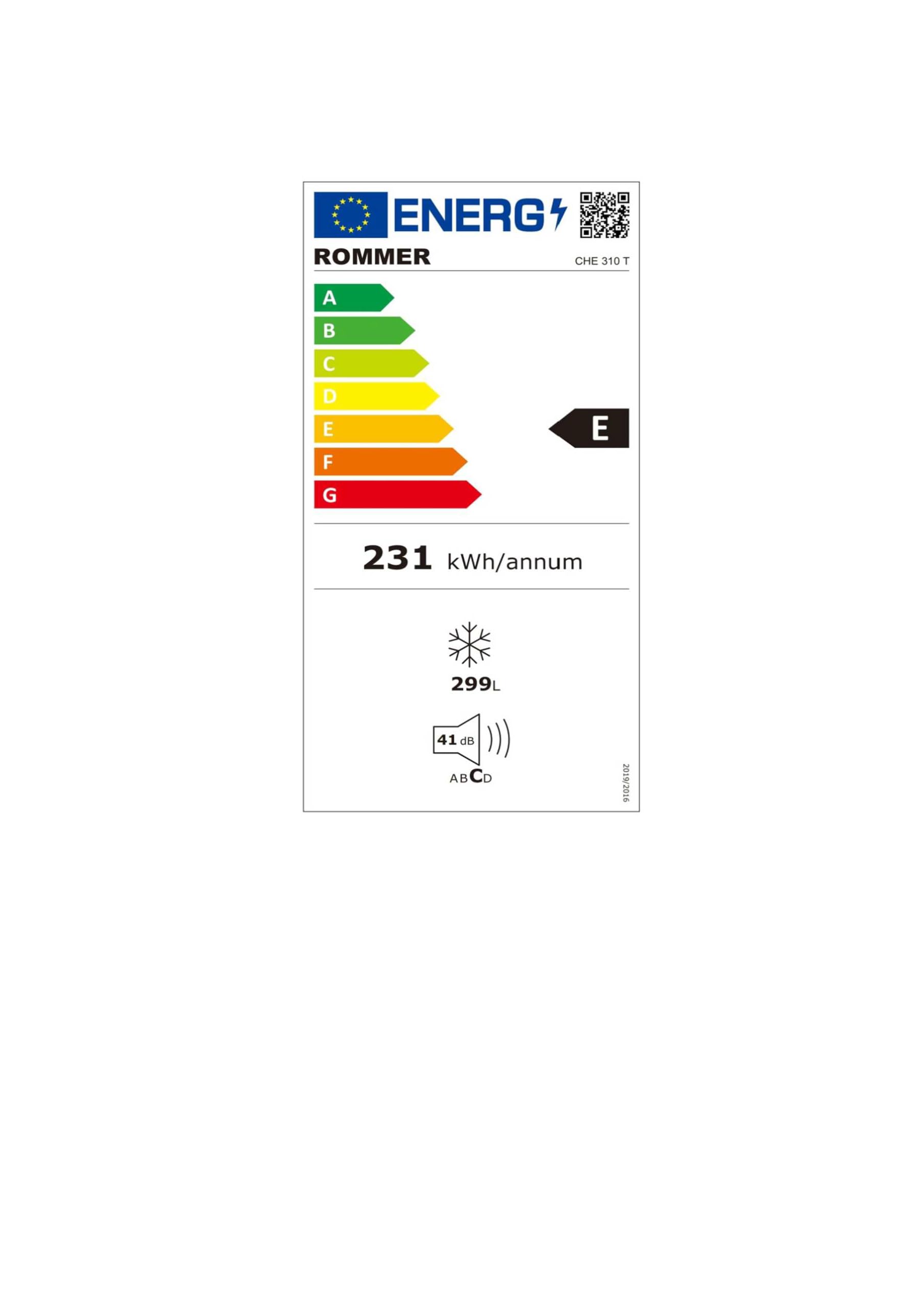 Congelador horizontal Rommer CHE 310 T, capacidad 299 litros, eficiencia energética clase E, color blanco