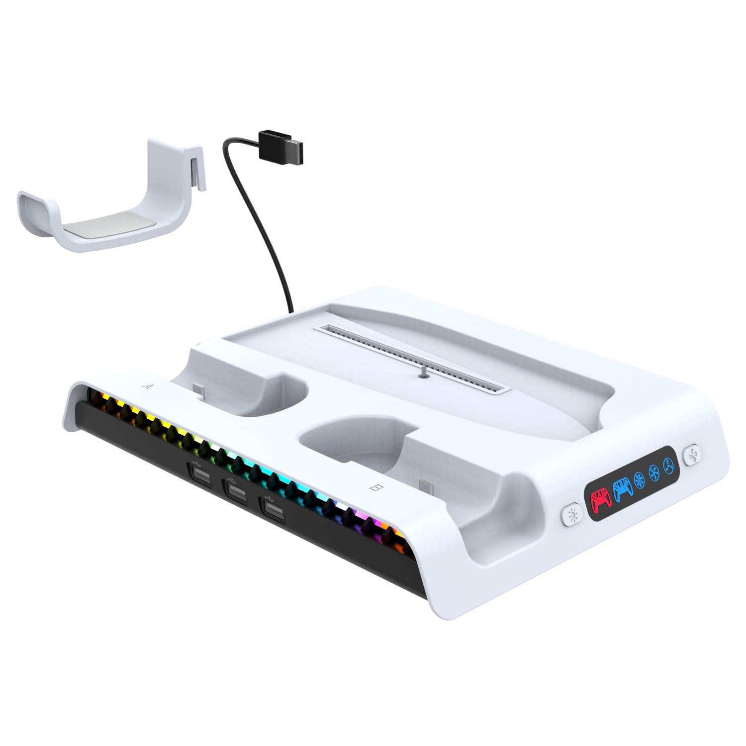 Estación de refrigeración la Consola para PS5 Pro /PS5 Slim Digital/Disc, estación de refrigeración y Carga con Ventilador de 3 Niveles Cargador de Mando con Soporte para Auriculares