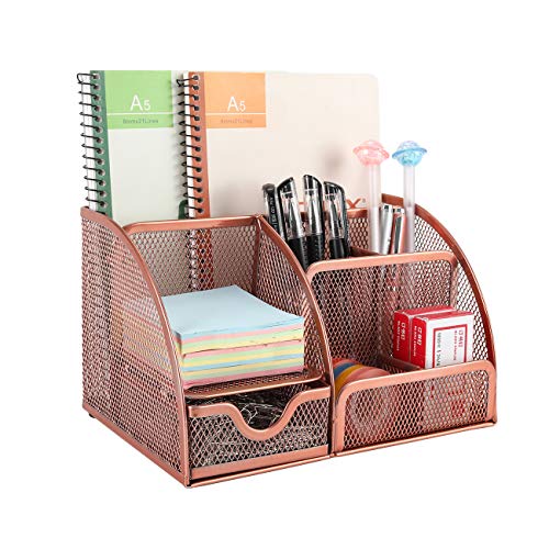 Superbpag Mesh Desk Organizer Office Supply Caddy Drawer with Pen Holder Collection,Rose Gold