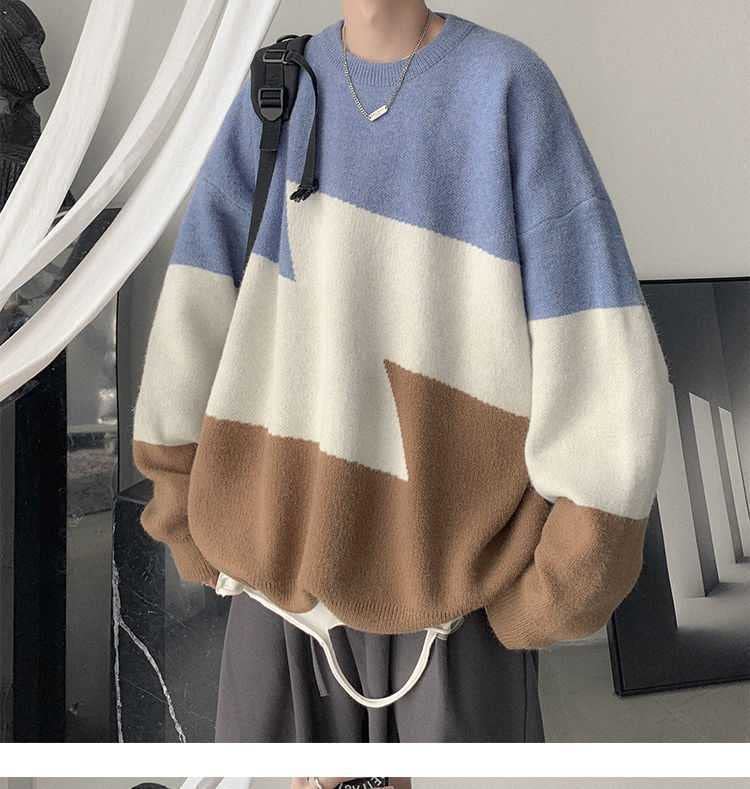 CORIRESHA Men's Vintage Sweater Crew Neck Pullover Colorblock Knit Sweater4