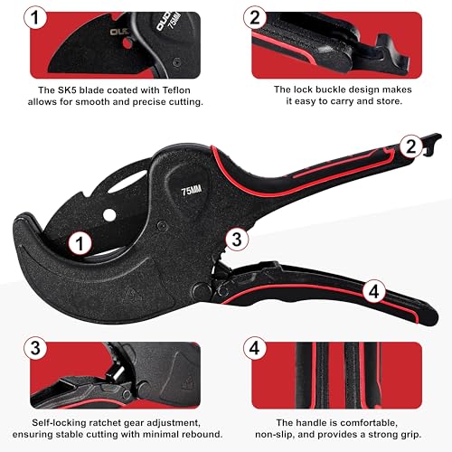 PVC Pipe Cutter Tool, Heavy-Duty PVC Pipe Cutter 3 Inch, 75mm Plastic Pipe Cutter with SK5 Blade and Aluminum Alloy Body, Ratcheting Pipe Cutter and PVC Cutters for PEX, PPR, Hoses and Plumbing Pipes - Image 3