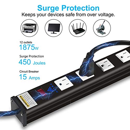 Axtra 12-Outlet Surge Protector Power Strip, 9-Foot Heavy-Duty Cord, 450 Joules, 15-Amp Circuit Breaker For Home, Office, School, Garage, Workshop, Commercial And Industrial Environments [Etl Listed] #TOP3