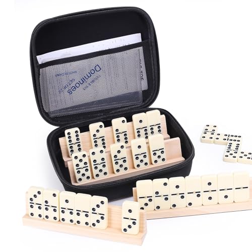Jeu de domino - 28 carreaux - Dominos avec 4 étagères en bois - Jeux de société classiques en bois - Jeu de voyage portable avec étui de transport