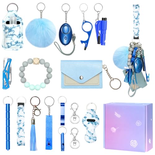 Jsngbse Safety Keychain Set for Women Wristlet Keychain for Women with Card Holder Whistle Wristlet Strap Safety Keychains Accessories KitBlue