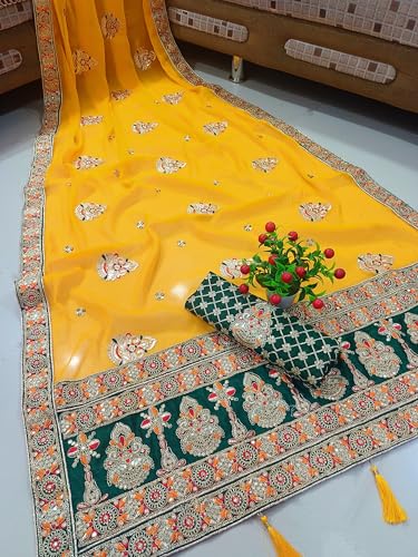 Image of Women's Bollywood Heavy Sequins Embroidery Work Georgette Saree with Unstitched Blouse