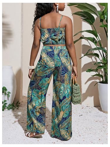 Image of Floerns Girl's 2 Piece Outfit Hawaiian Tropical Crop Cami Tops and Boho Pants Set