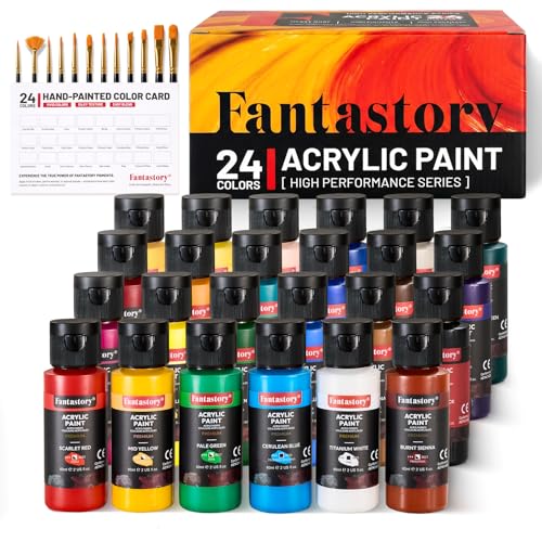 Fantastory Pinturas Acrilicas 24 Colores x 60 ml, Alta Pigmentación Calidad Artista con 12 Pinceles y Carta de Colores, No Tóxica y Resistente al Agua, para Lienzo, Madera, Piedra, Modelismo y 3D