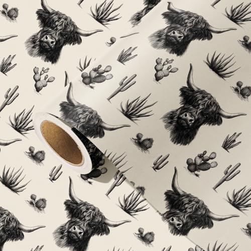 Vnaaem Highland Cow Wrapping Paper Roll - Retro Wild West Hiland Cow Cactus Western Design Gift Wrap for Cowboy Cowgirl Birthday Baby Shower (Total 28.5sq.ft)