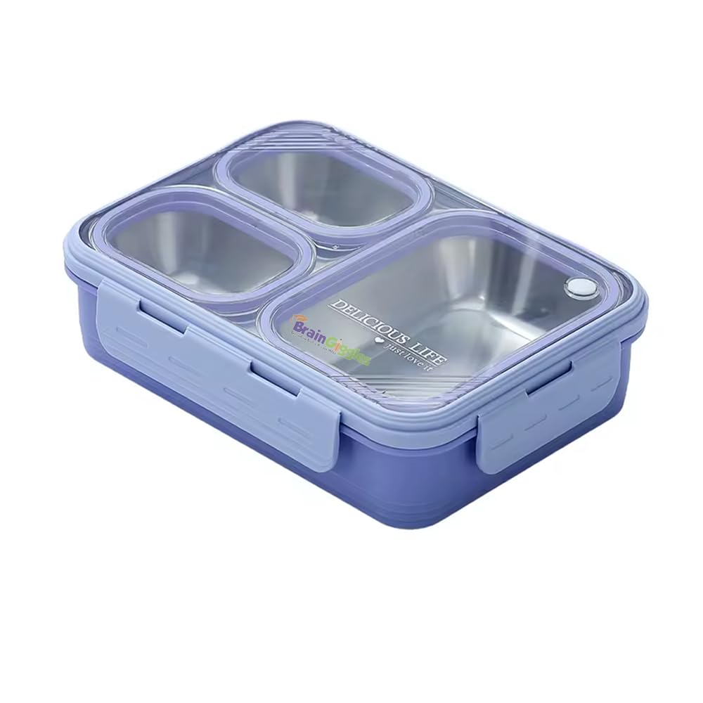 BrainGigglesBento Lunch Box with 3 Compartments, Leak Proof BPA Free Stainless Steel Bento Box for Kids and Adults | Tiffin Box for School and Office (PURPLE)