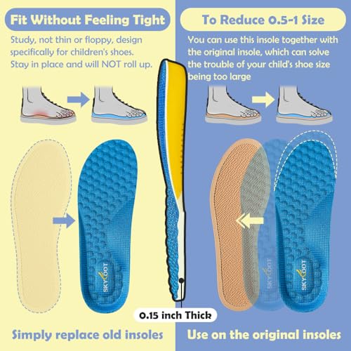 Image of Skyfoot Kids Shoe Inserts, 2 Pairs Breathability Soft Cushioning Children's Sports Athletic Replacement Insoles for Childs' Worn Insert, Sweaty Feet, Shoes' Comfort Fit (Blue, Toddler: 9-12.5)