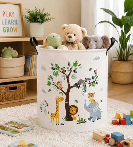 Image of Round Panda Print Laundry Hamper Storage Basket | Foldable Clothes Organizer Bin with Handles | Cotton Fabric Laundry Basket for Clothes, Toys & Nursery Storage (PANDA)